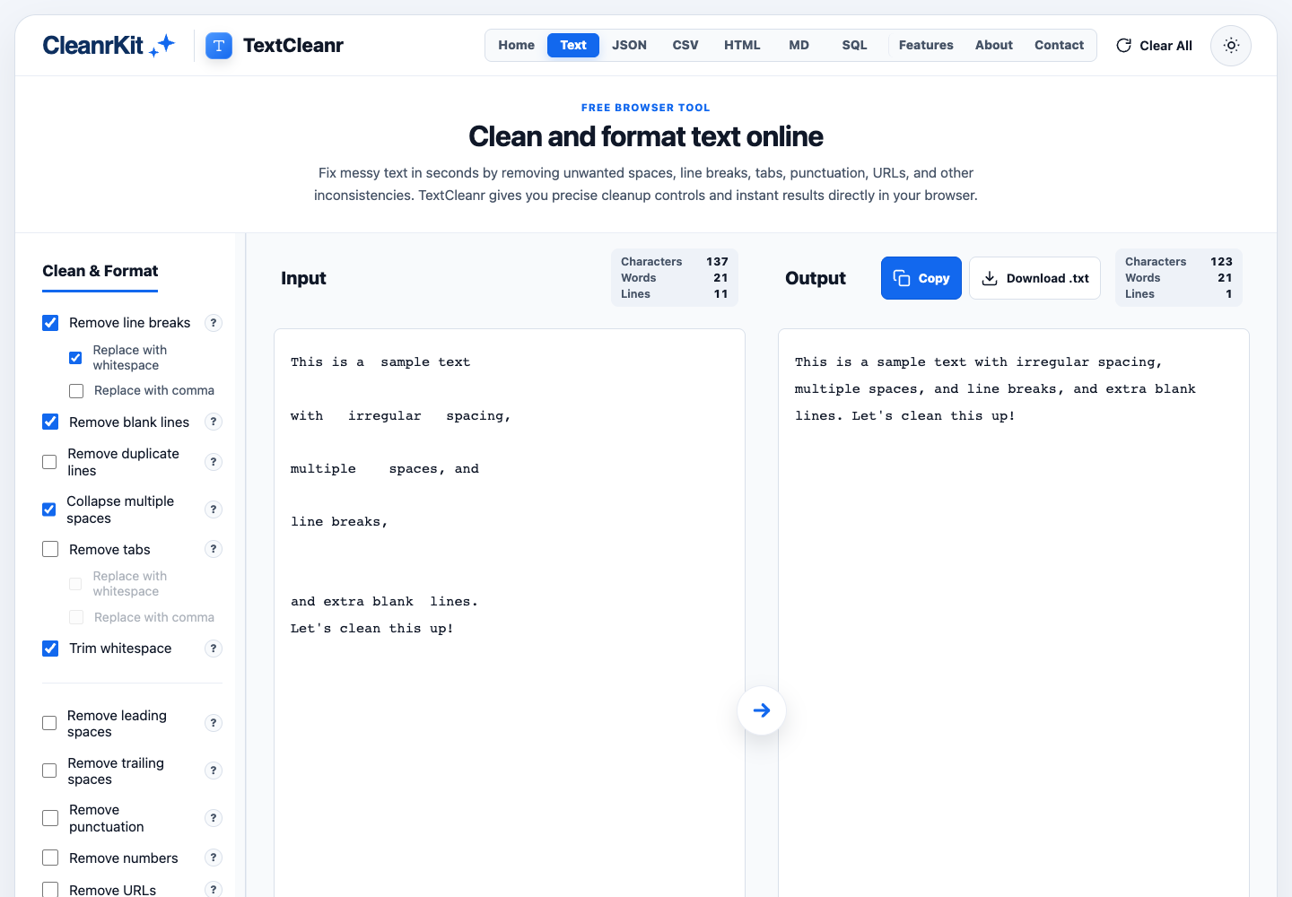 The live TextCleanr interface, with cleanup controls, an input editor, output, statistics and export actions.