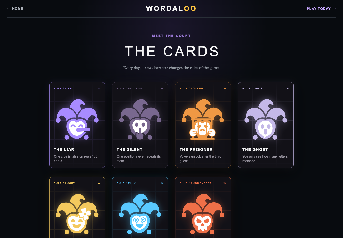The live Wordaloo card gallery showing its named rule modifiers.