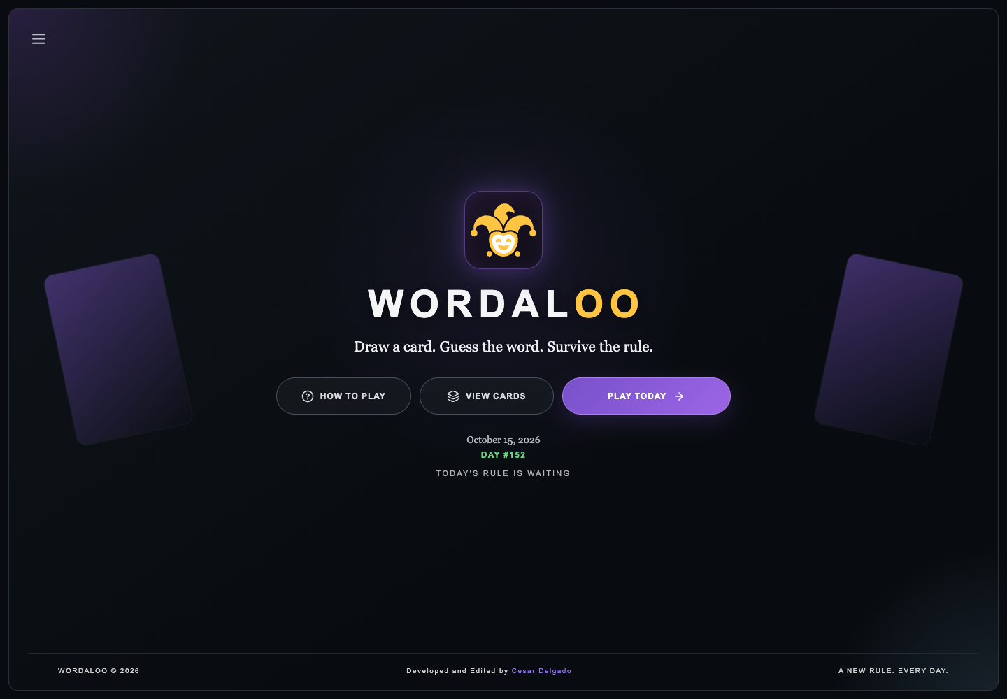 Wordaloo’s live homepage, with its golden jester, game entry and card reference links.